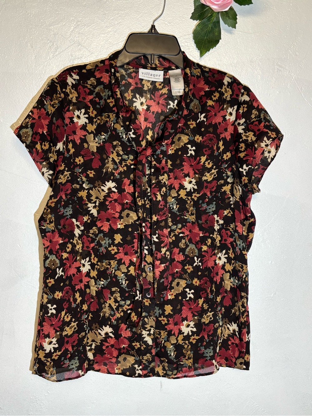 Liz Claiborne Black Floral Tie-Front Short Sleeve Blouse